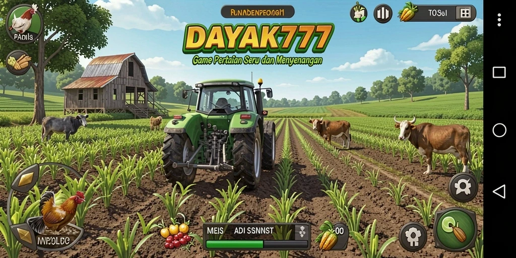 Tampilan gameplay DAYAK777 dengan lahan pertanian yang luas dan colorful.