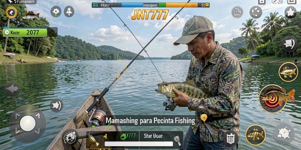 Screenshot menunjukkan gameplay JNT777 saat menangkap ikan di danau.